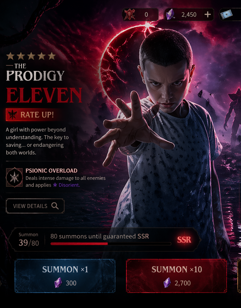 Design a gacha summon page for a new mobile game based on Stranger Things, inspi