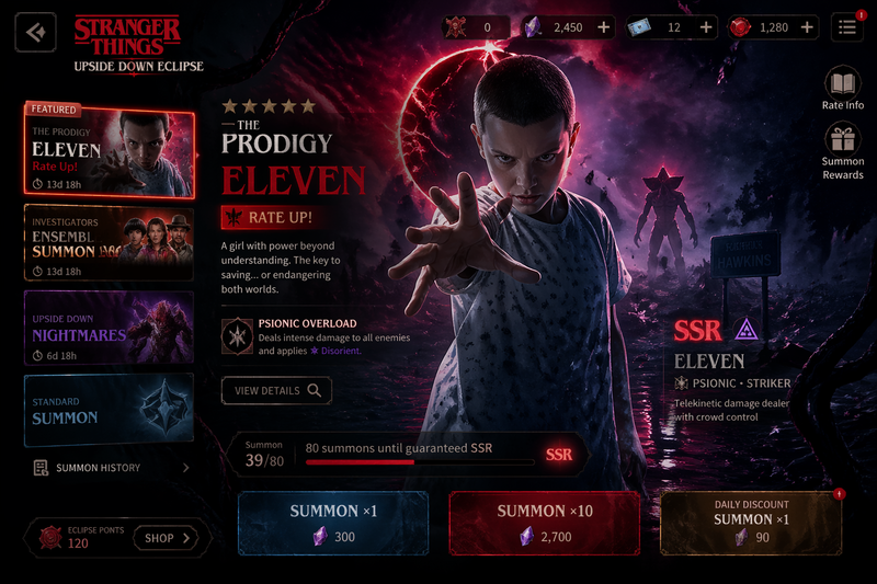 Design a gacha summon page for a new mobile game based on Stranger Things, inspi