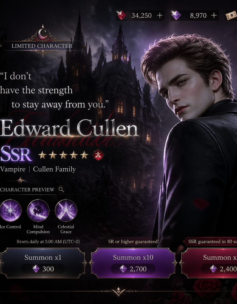 Design a gacha summon page for a new mobile game based on Twilight, inspired by 