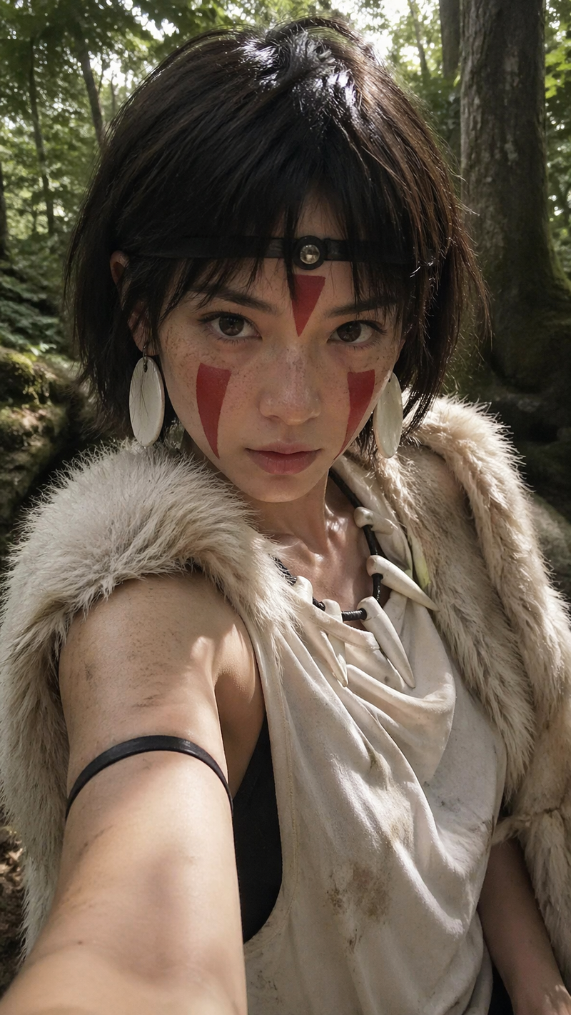a hyper-realistic selfie of San from Princess Mononoke