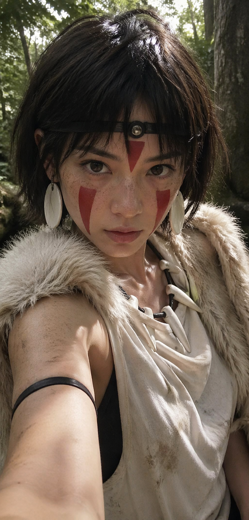 a hyper-realistic selfie of San from Princess Mononoke