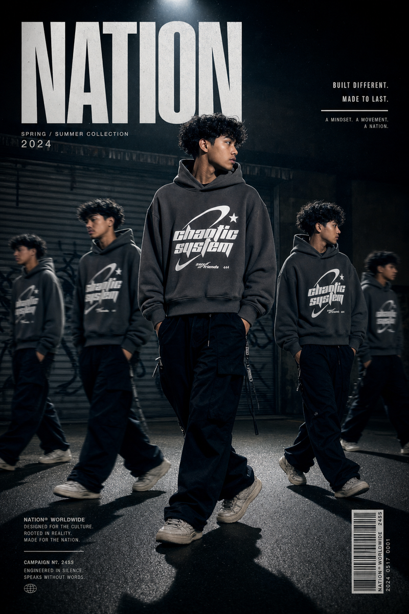 Transform my photo into a high-end cinematic streetwear editorial poster