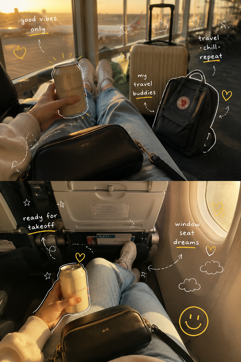 POV travel photography of a person sitting at an airport and inside an airplane,
