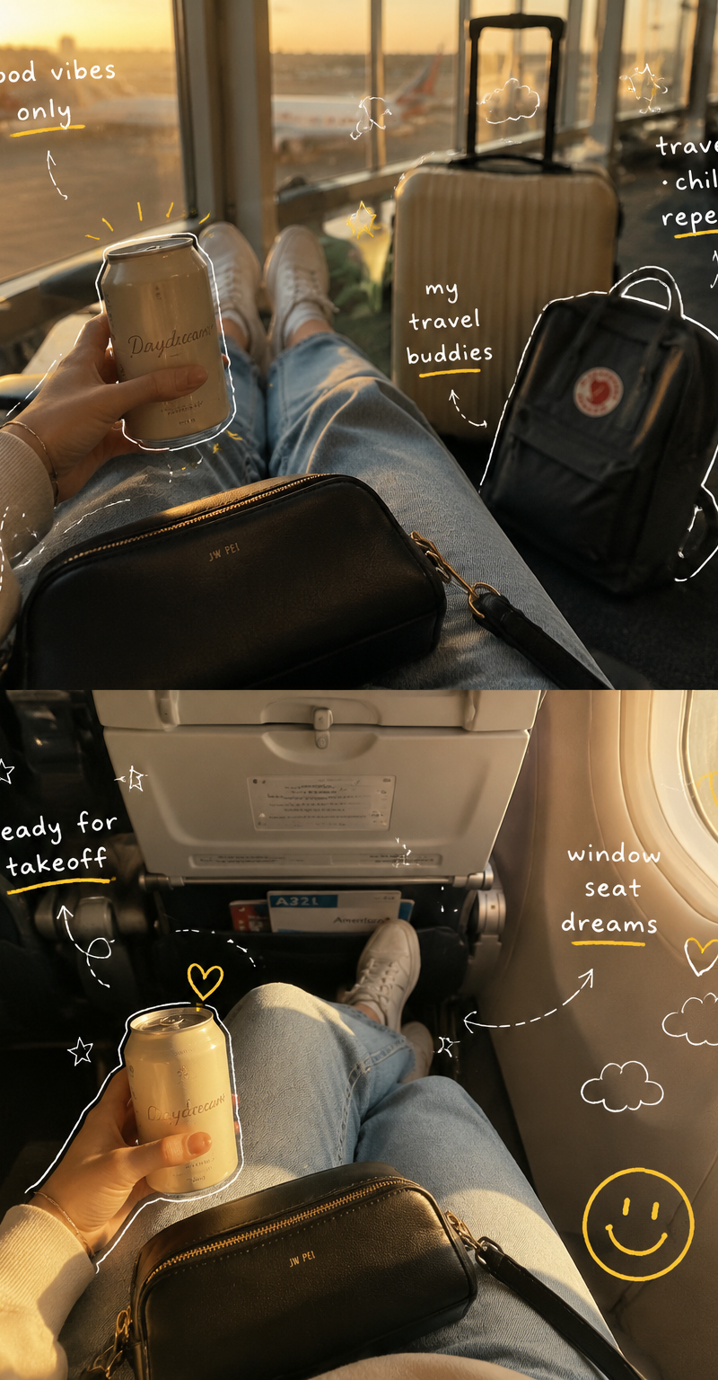 POV travel photography of a person sitting at an airport and inside an airplane,