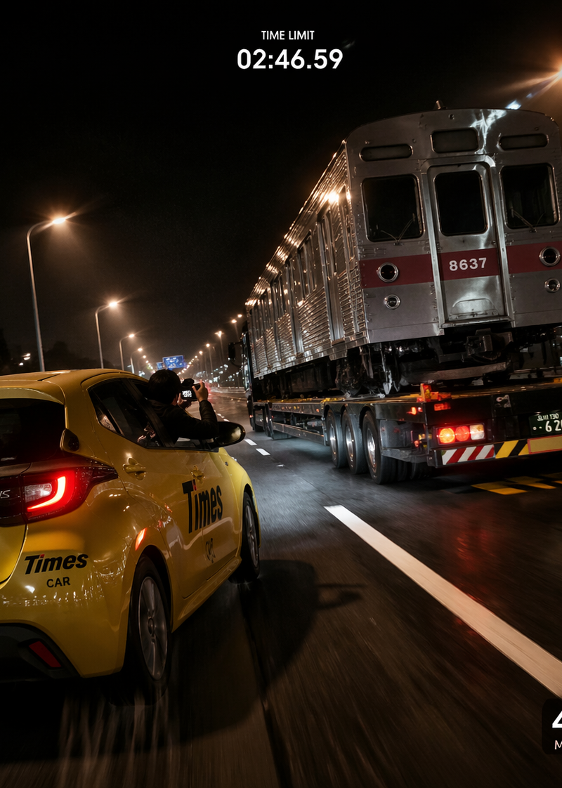 撮り鉄をテーマにしたゲームのキャプチャを生成して 条件 夜 国道246号 陸送される鉄道車両（東急8500系、ライトは消灯）街路灯の光が反射 トラックの進行方向