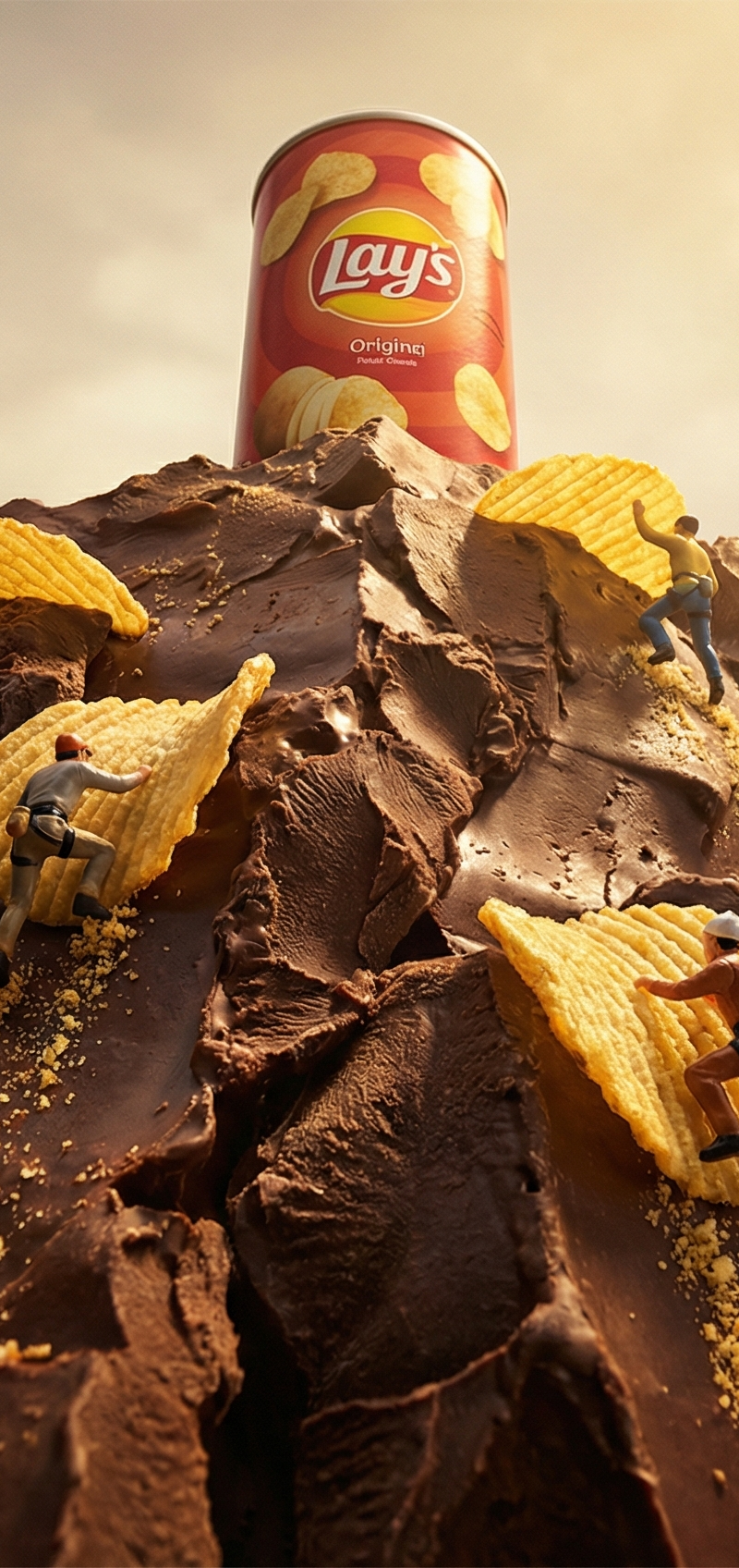 Surreal miniature ad scene: a Lay’s chips can on a towering chocolate cliff wall