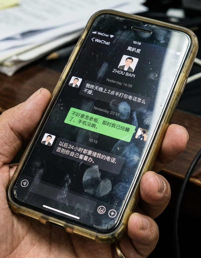一个手机的屏幕拍摄图，手机屏幕上有手印和反光，手机戴着硅胶套，硅胶套由于用久了有些发黄发黑，屏幕显示内容为微信聊天对话，对方名为周扒皮，对话内容为，周扒皮说，我