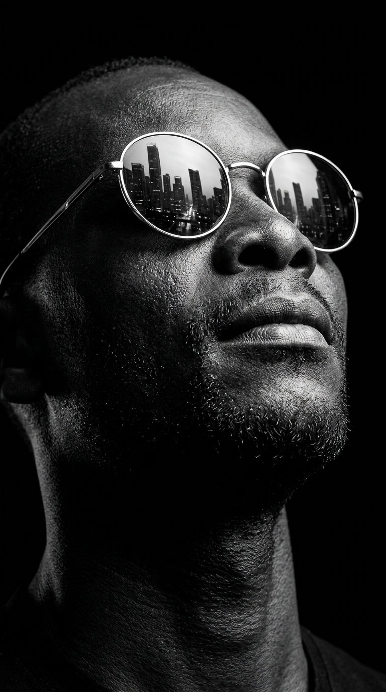 Dramatic, ultra-realistic close-up in black and white with high-contrast cinemat