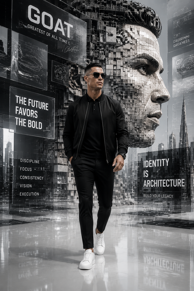 A futuristic monochrome motivational digital artwork featuring a man resembling 