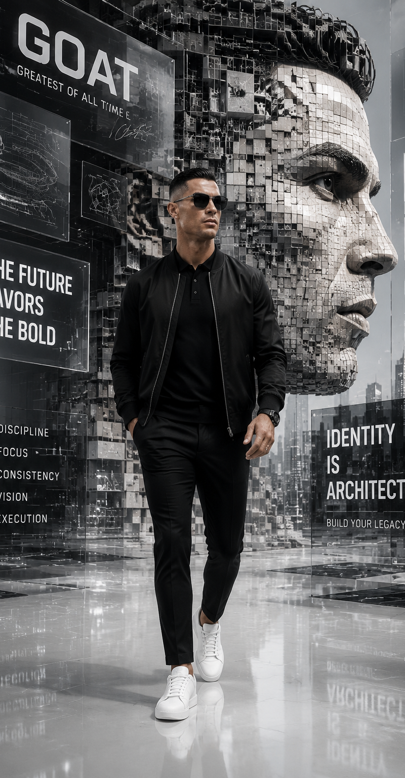 A futuristic monochrome motivational digital artwork featuring a man resembling 