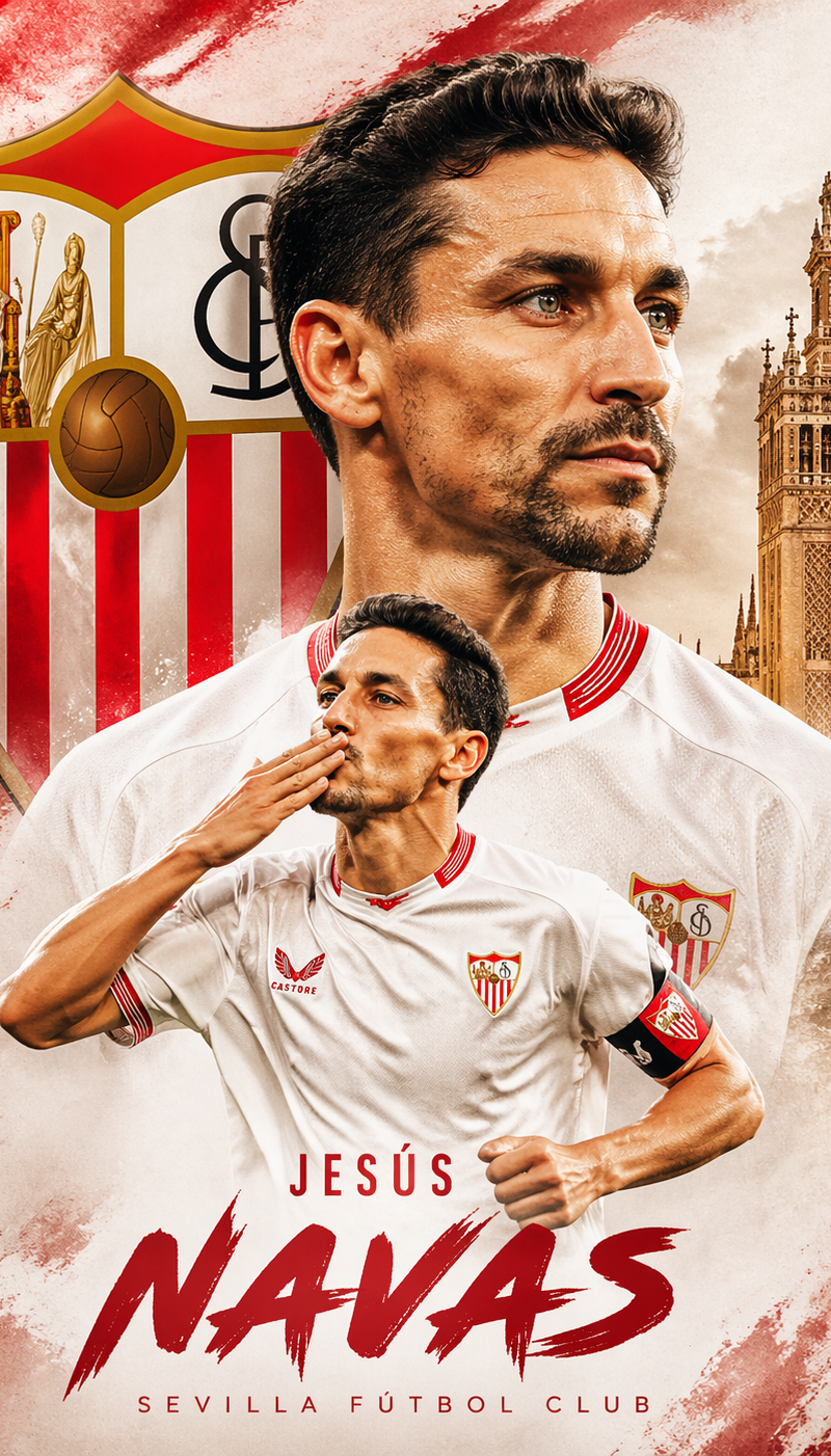 Crea una poster de Jesús Navas con el escudo del Sevilla Fútbol Club de fondo y 