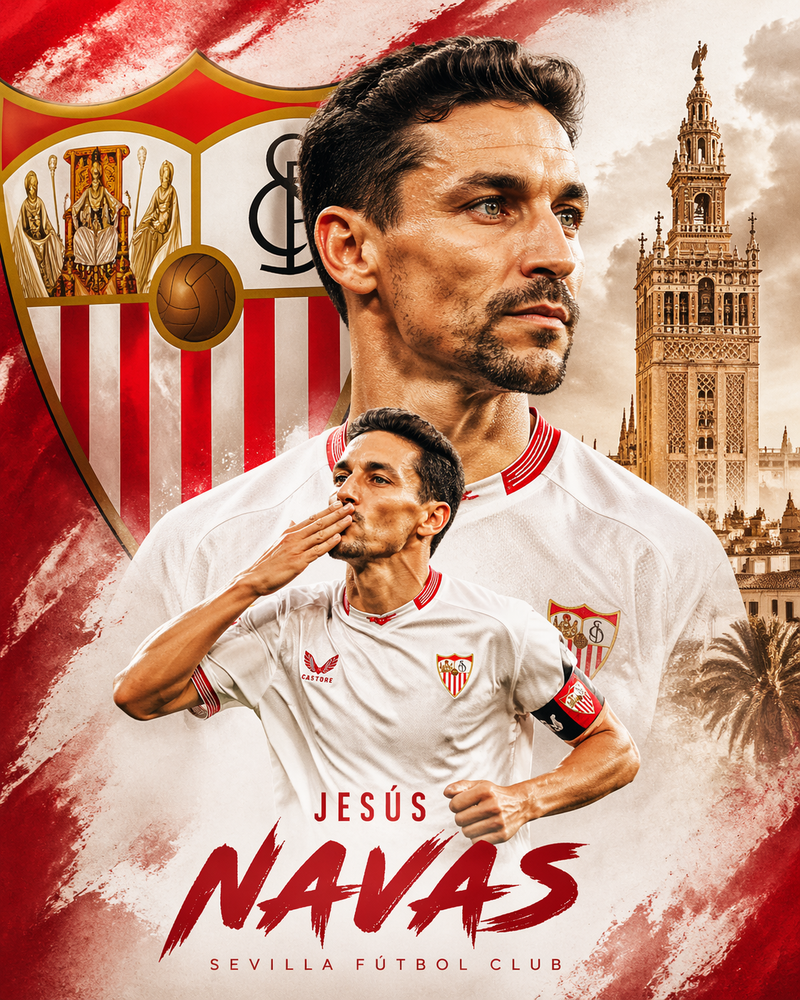 Crea una poster de Jesús Navas con el escudo del Sevilla Fútbol Club de fondo y
