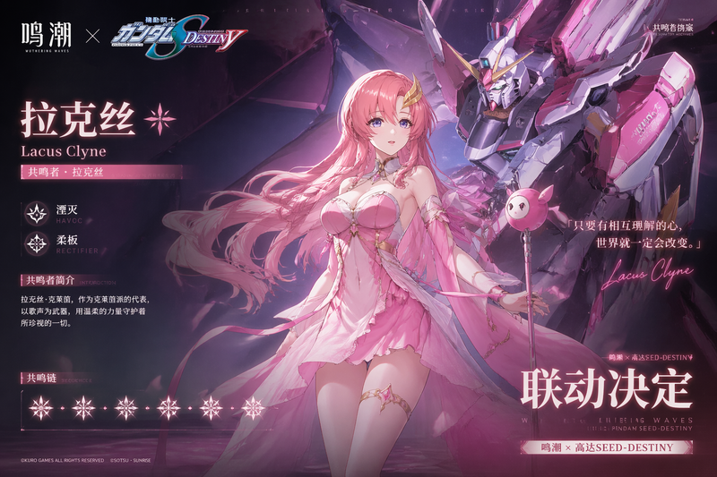 生成《鸣潮》联名《高达SEED-DESTINY》的宣传海报，海报背景是拉克丝的人物面板，拉克丝的打扮是粉色的抹胸短裙，2K画质，虚幻引擎效果，最高画质