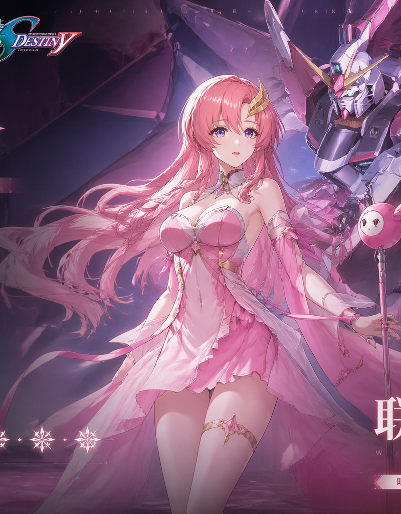 生成《鸣潮》联名《高达SEED-DESTINY》的宣传海报,海报背景是拉克丝的人物面板,拉克丝的打扮是粉色的抹胸短裙,2K画质,虚幻引擎效果,最高画质