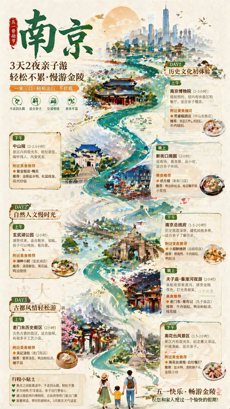 参考这个图片的排版布局和构图思路，曲折感要强。生成一份南京旅游的海报。一家三口打算5月1号劳动节去南京旅游。可能是3天2夜，所以你是一名导游请规划以下形成路线，