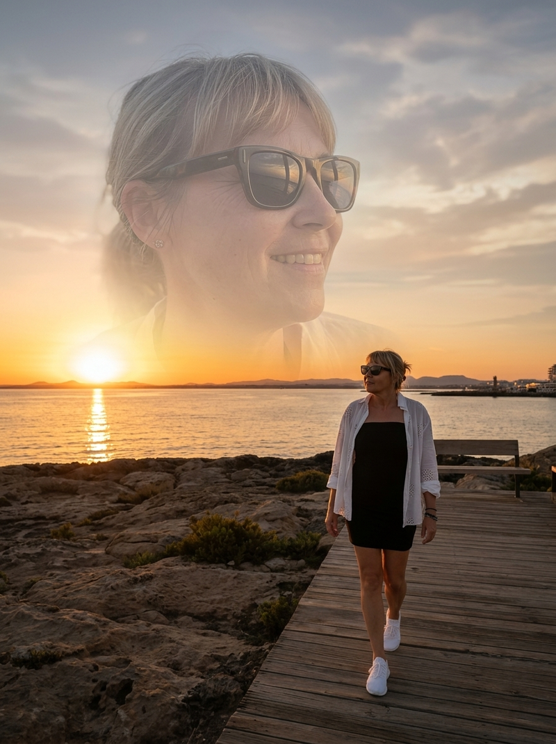 Cinematic double exposure portrait of a woman at sunset by the sea, ultra realis
