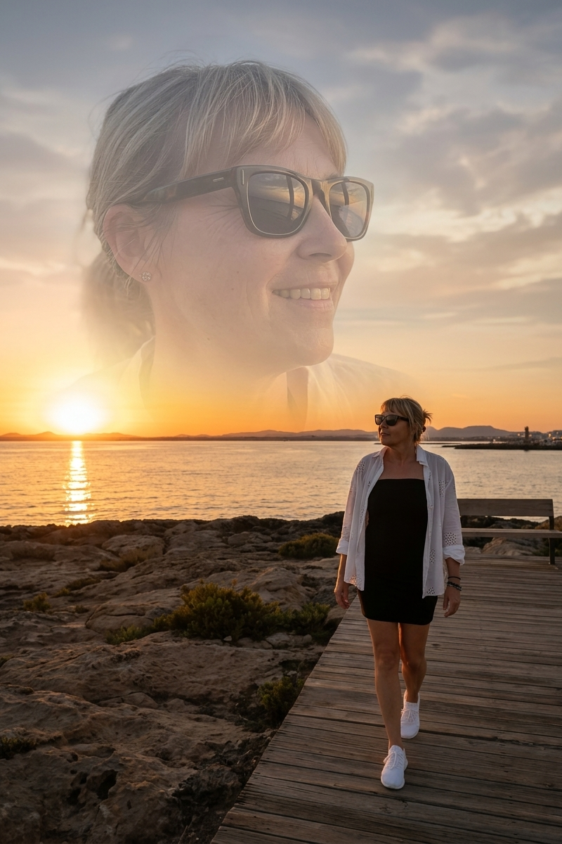 Cinematic double exposure portrait of a woman at sunset by the sea, ultra realis