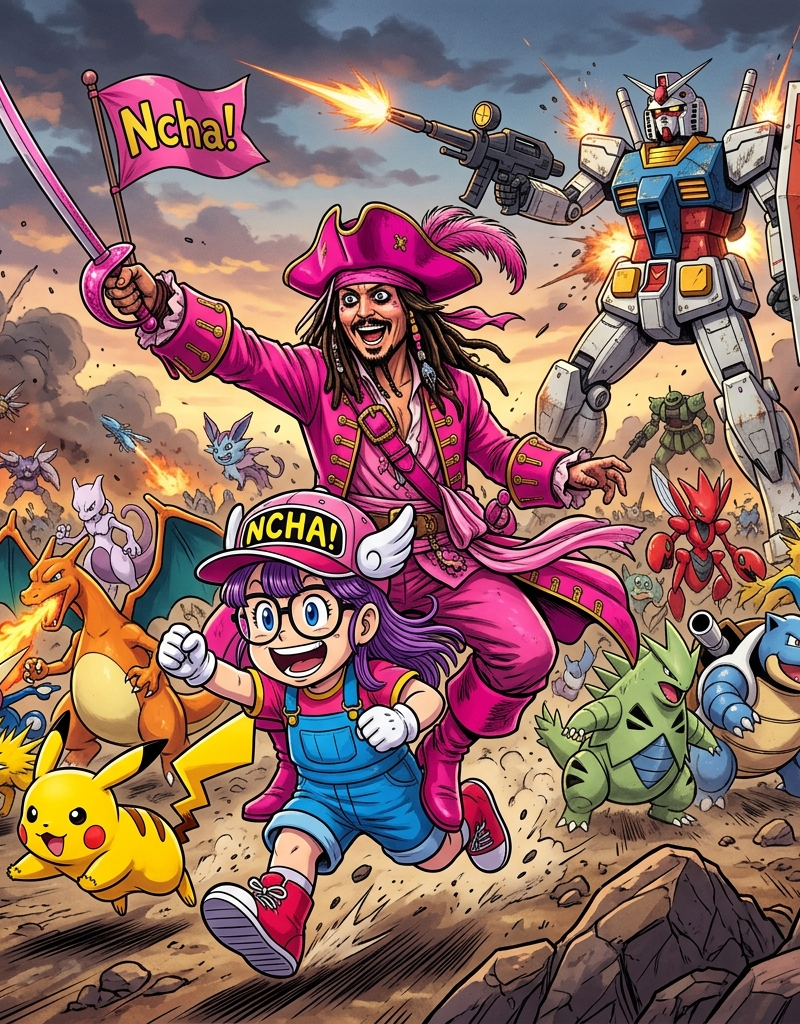 Captain Jack Sparrow in all pink pirate outfits, riding on the back of Arale of 