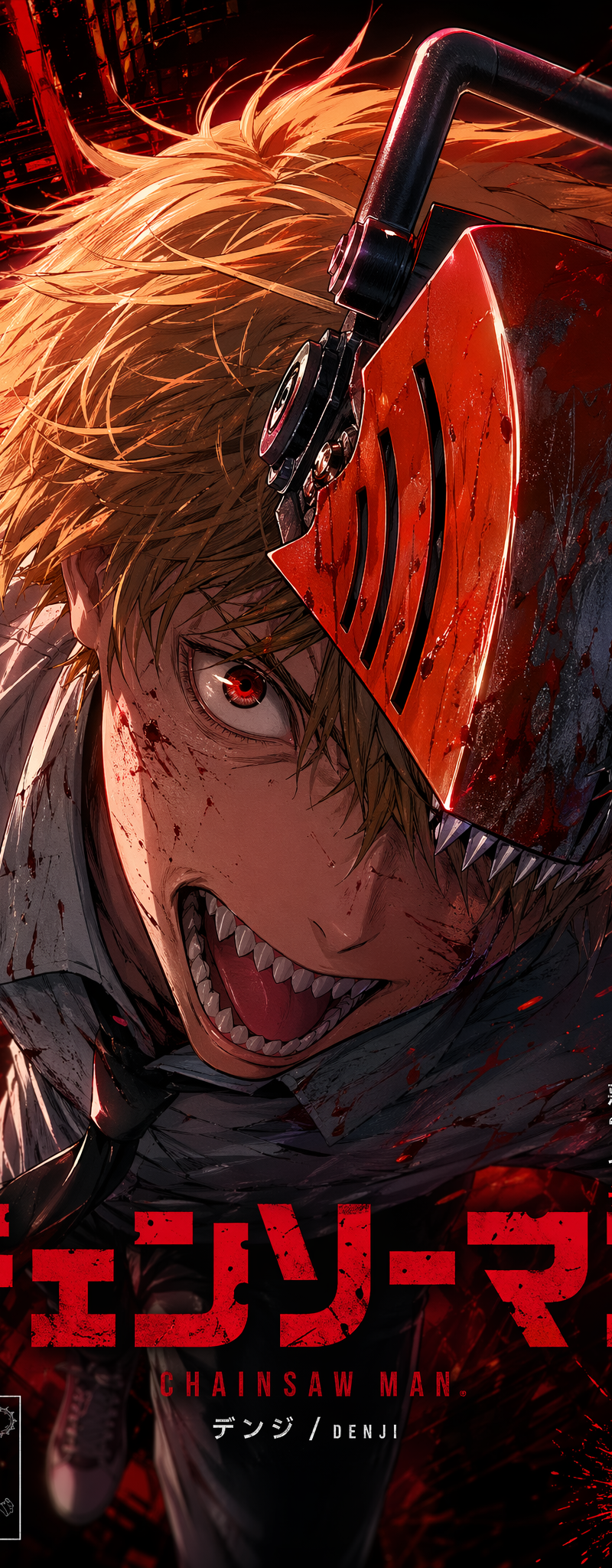 Create a poster of Chainsaw Man (Denji), with the character’s face close to the 