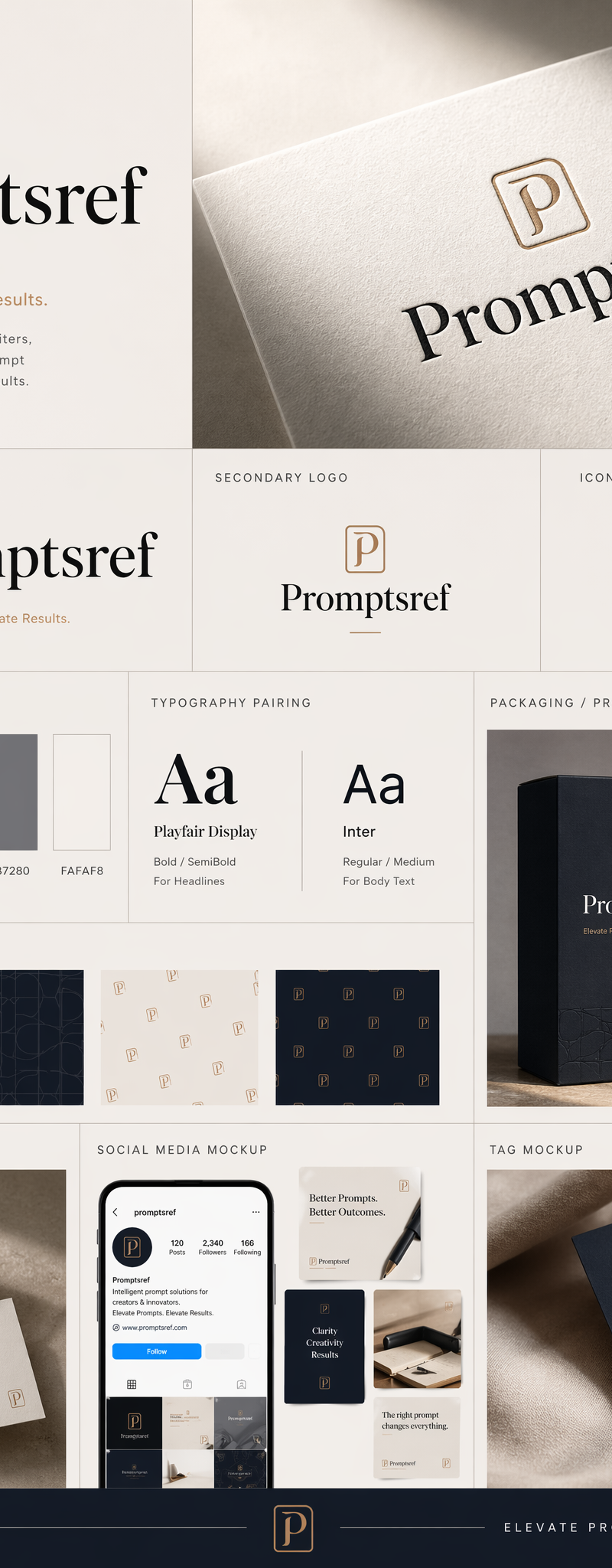Create a premium brand kit board for [Promptsref], presented like a professional