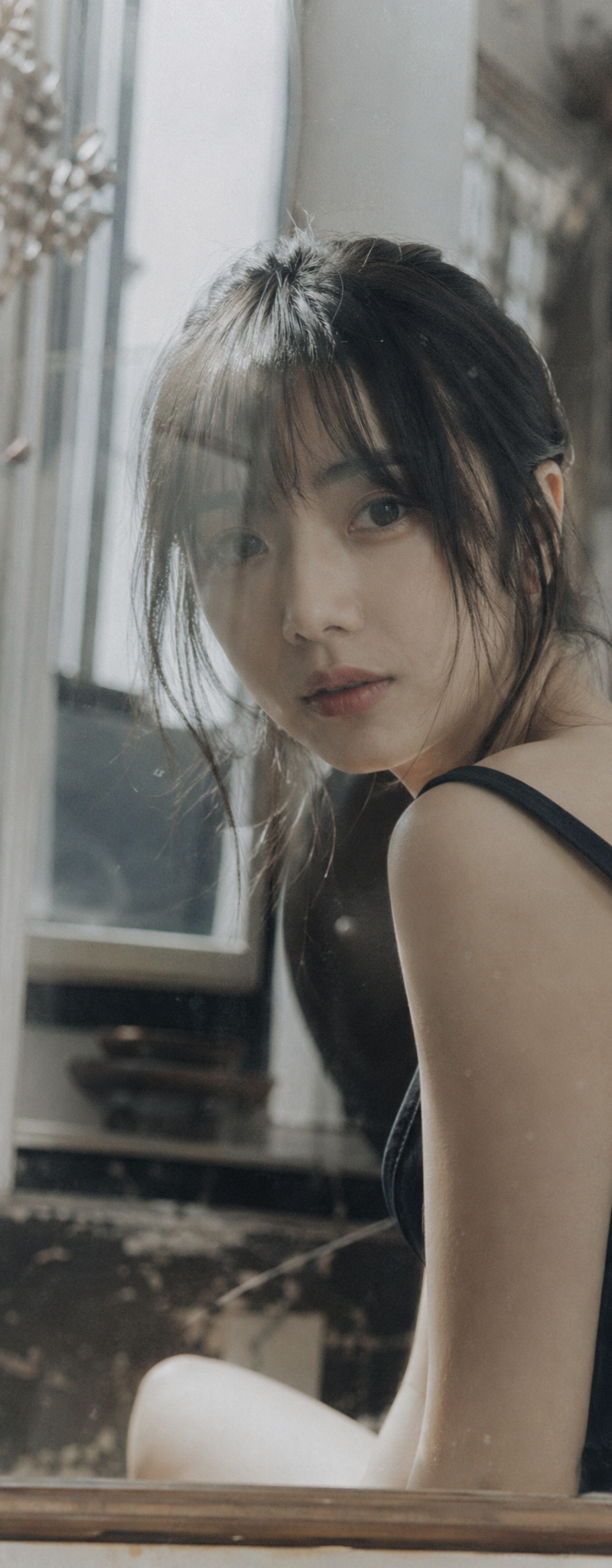 Japanese negative film aesthetic, reflective surface scene, soft natural light, 