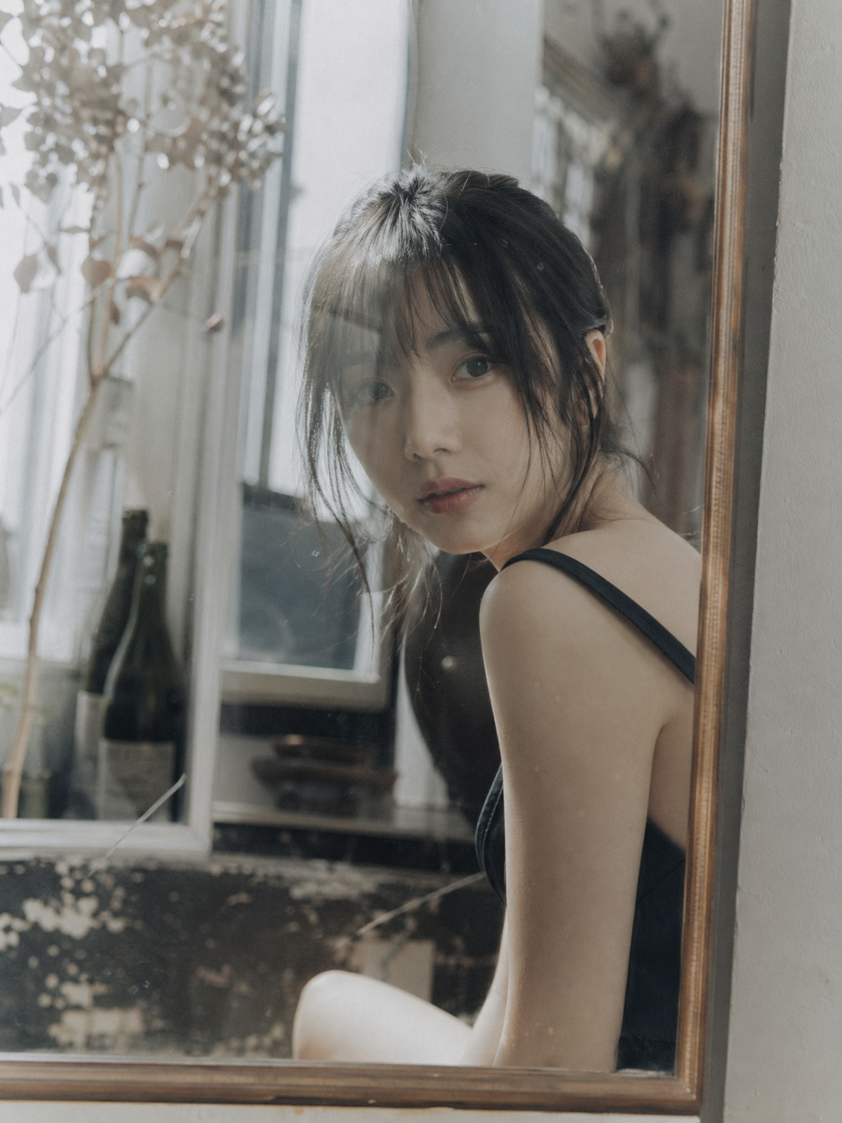 Japanese negative film aesthetic, reflective surface scene, soft natural light, 