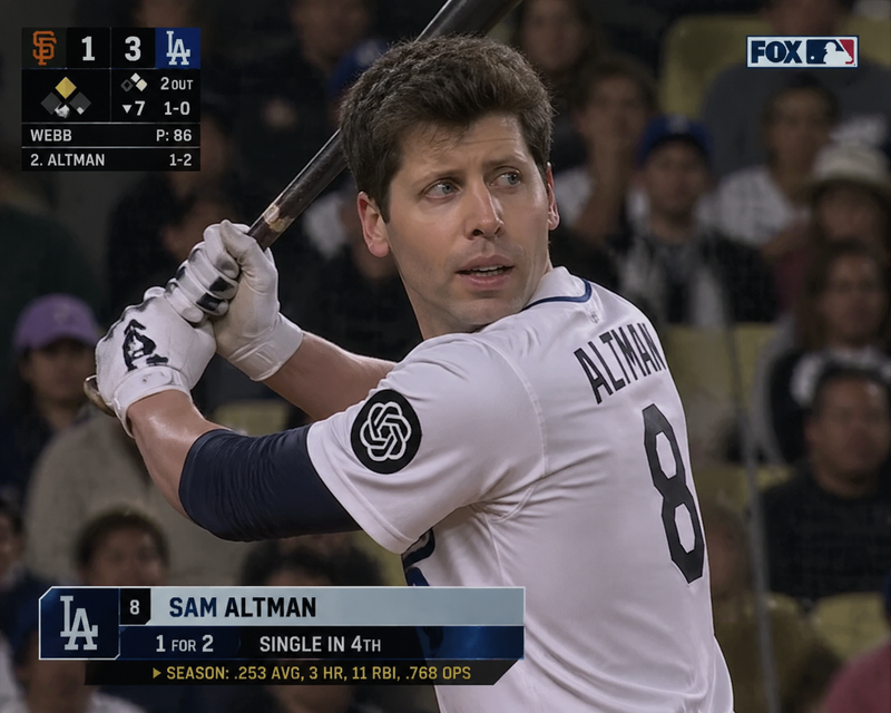 Sam Altman as a Major League Baseball player holding a bat in batting stance