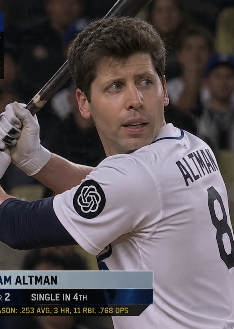 Sam Altman as a Major League Baseball player holding a bat in batting stance