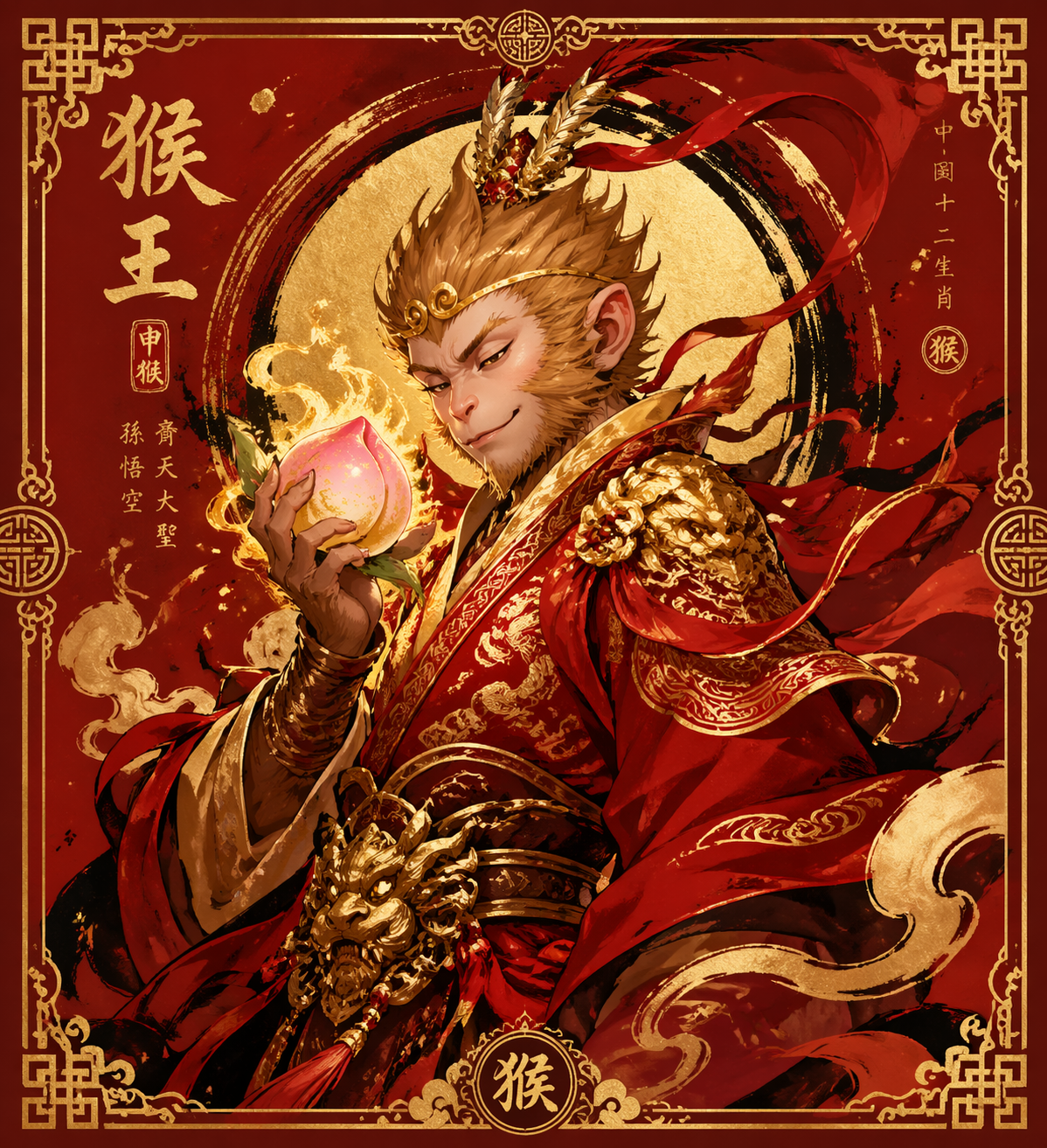 Digital art, Monkey King character, holding a magical peach, wearing traditional