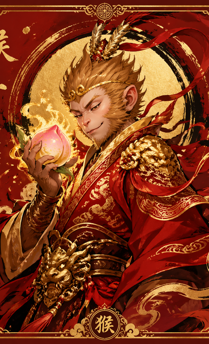 Digital art, Monkey King character, holding a magical peach, wearing traditional