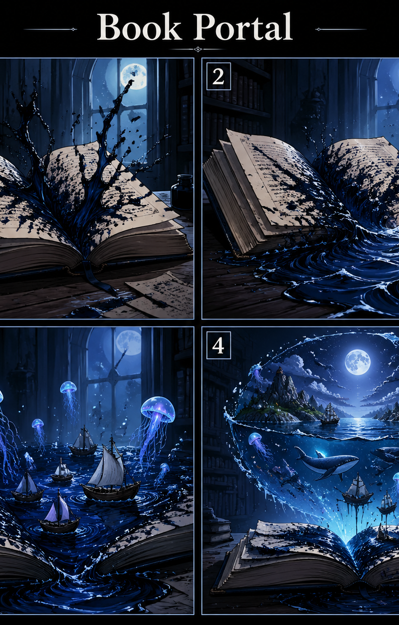 Four‑panel visual story page, title “Book Portal”, labels 1–4