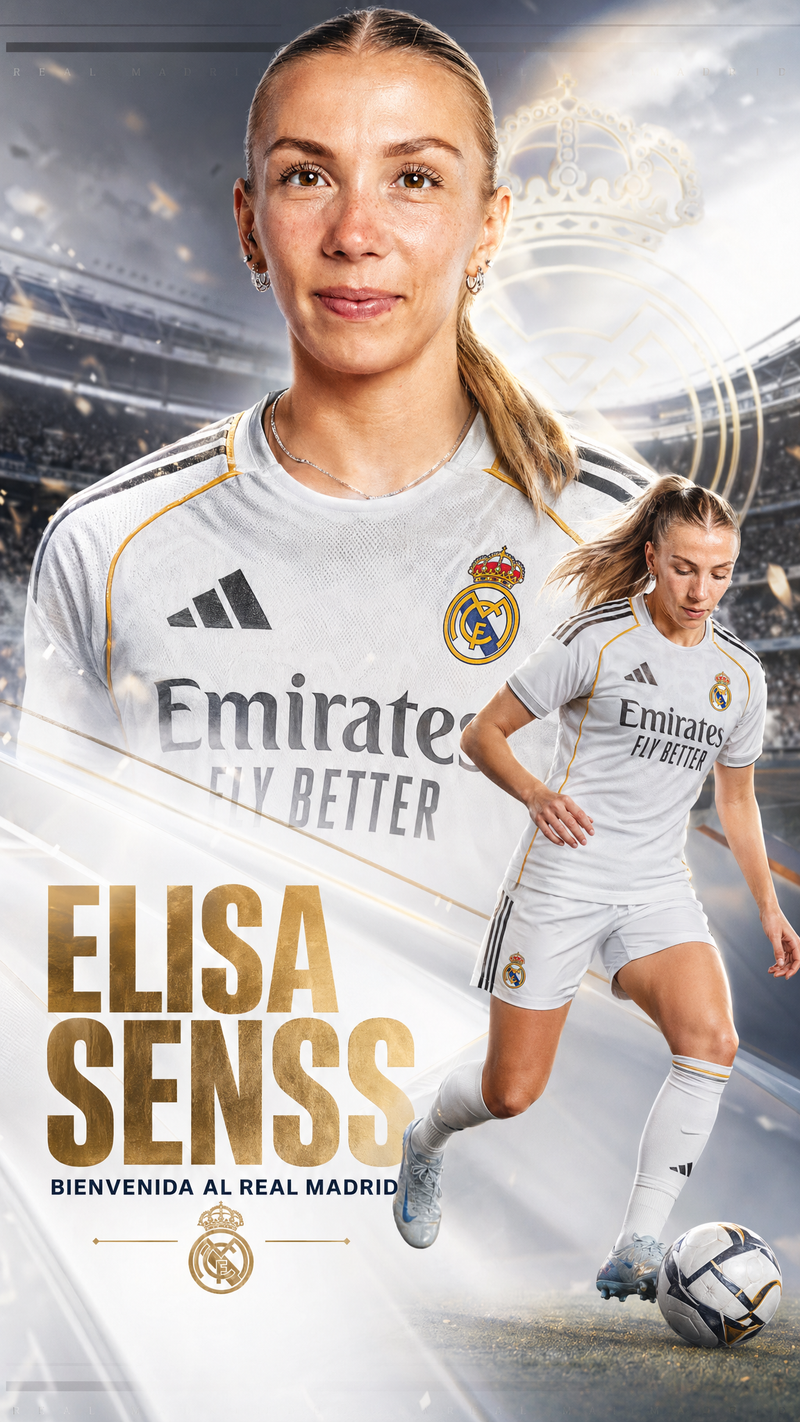 Crea un póster de anuncio de fichaje de fútbol de alta gama para Elisa Senss que