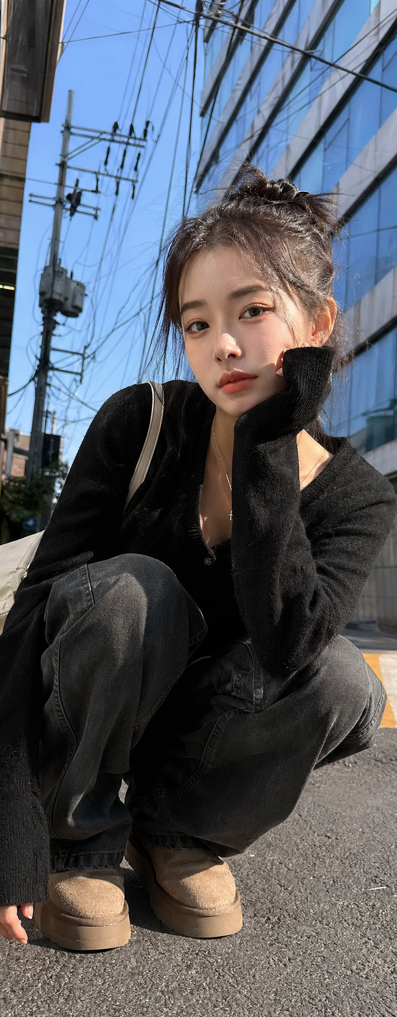 Street photography, sunlight, trendy Korean gril, 20s, squatting on the ground, 