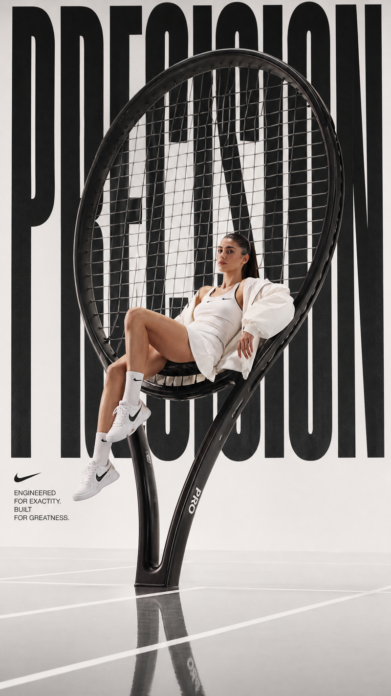 Avant-garde sports fashion advertisement, oversized tennis racket positioned lik