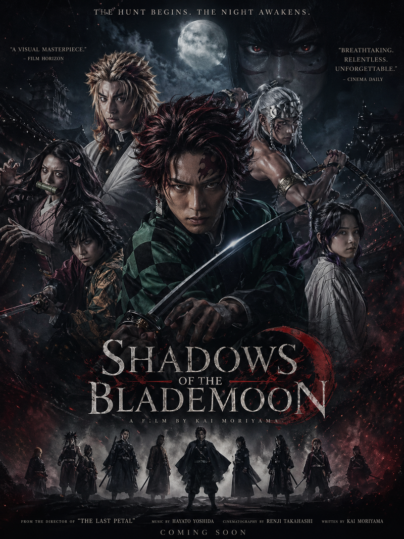 【鬼灭之刃】，奥斯卡级官方电影海报（Official Key Visual），院线商业大片风，电影级布光，暗色高级调色，轻胶片颗粒，动漫角色 cosplay 电