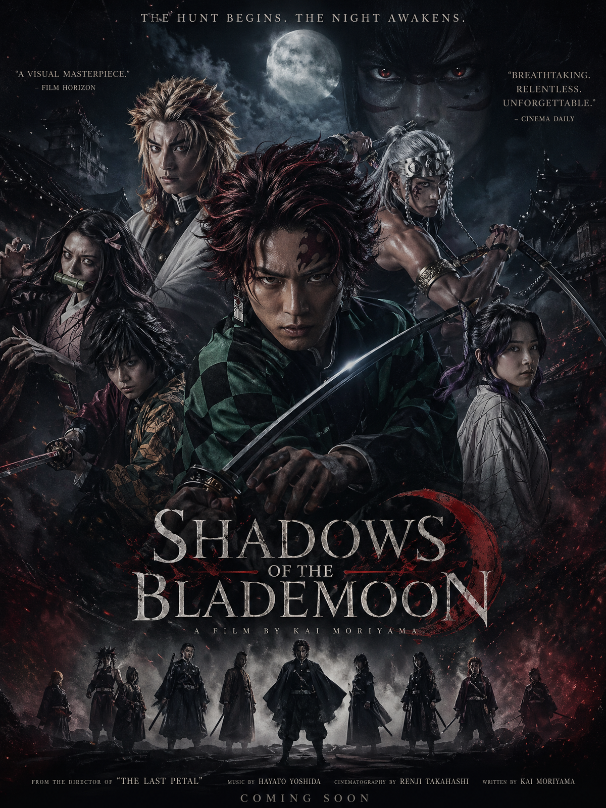 【鬼灭之刃】，奥斯卡级官方电影海报（Official Key Visual），院线商业大片风，电影级布光，暗色高级调色，轻胶片颗粒，动漫角色 cosplay 电