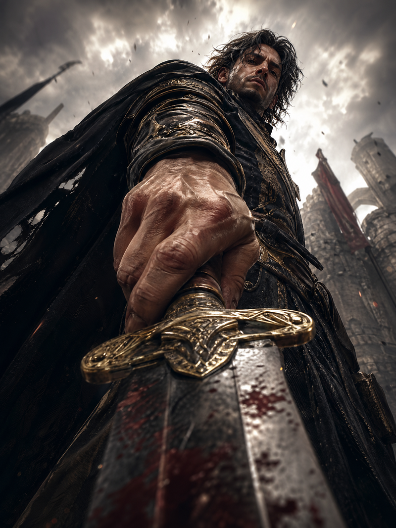 extreme low-angle close-up, worm’s-eye view from near the sword hilt, dramatic f