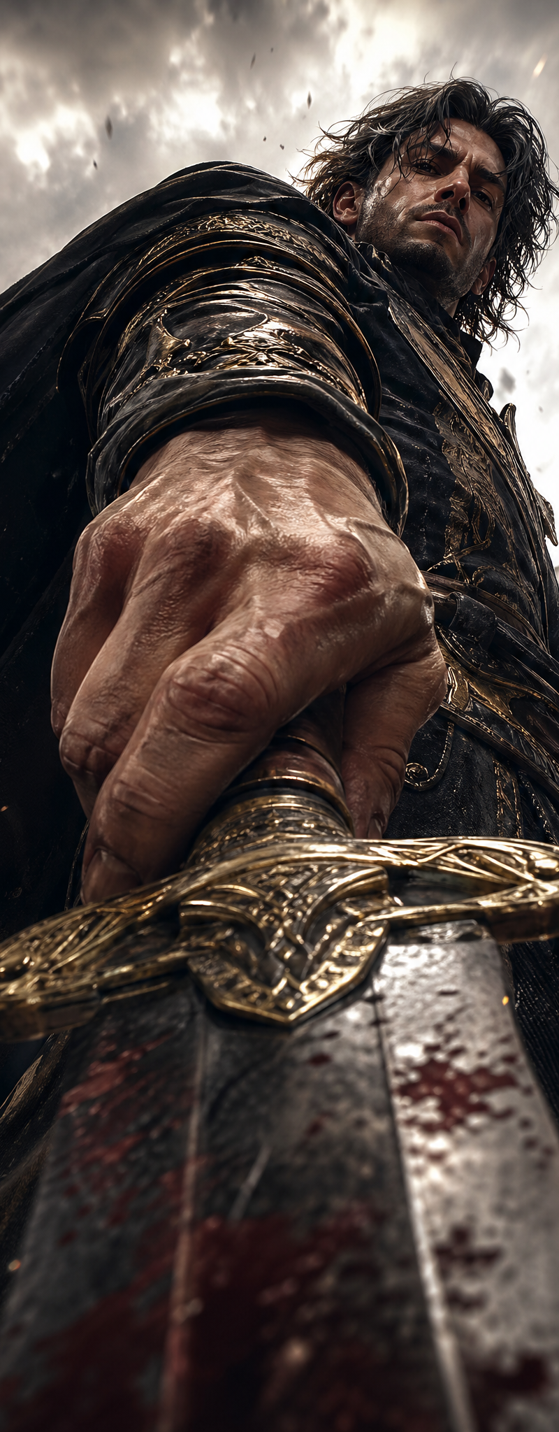 extreme low-angle close-up, worm’s-eye view from near the sword hilt, dramatic f