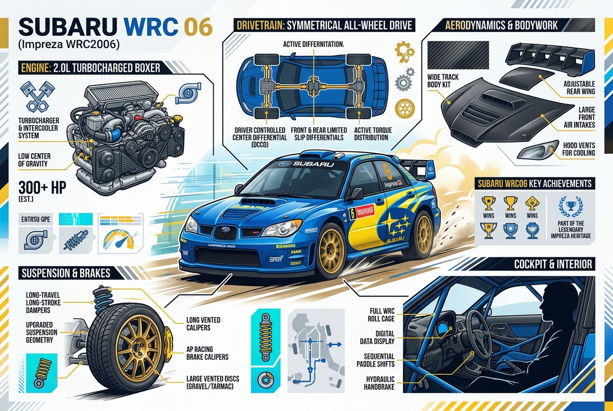 Create a visually rich infographic about (SUBARU WRC 06)