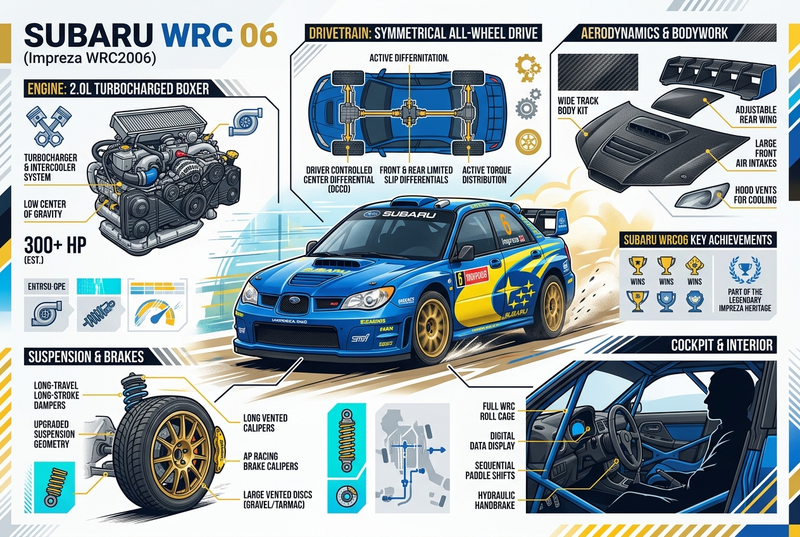 Create a visually rich infographic about (SUBARU WRC 06)