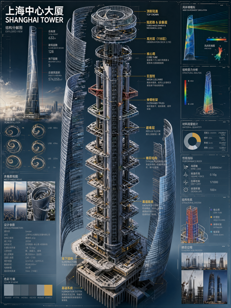 上海中心大厦建筑结构拆解图。 Statistical charts, color scheme information, and scattered thumb