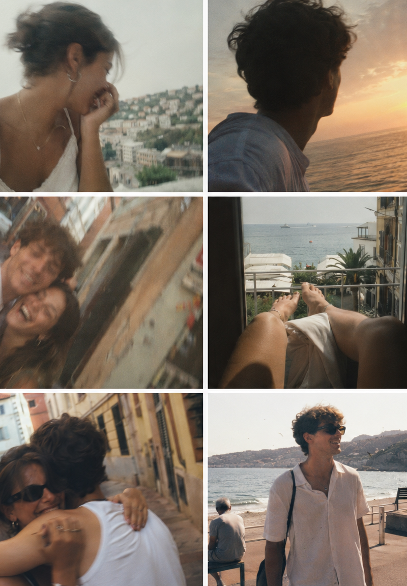 4x3 grid of candid nostalgic photos shot with iphone of a young couple at vacati