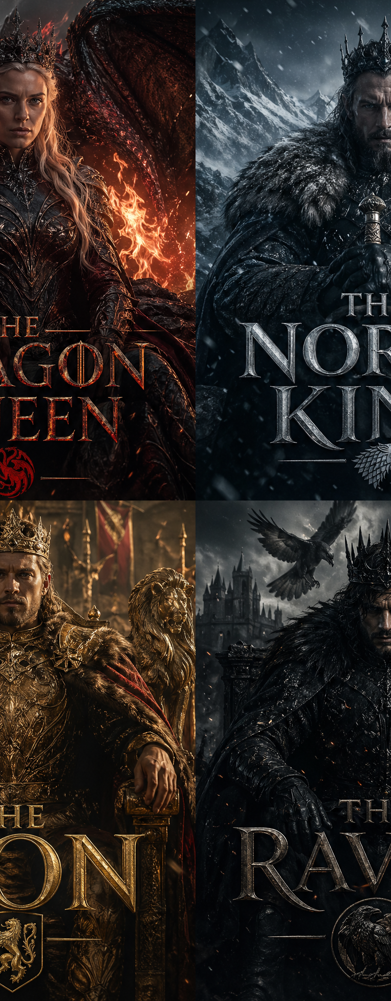 Cinematic fantasy character poster grid, inspired by Game of Thrones, 4-panel la