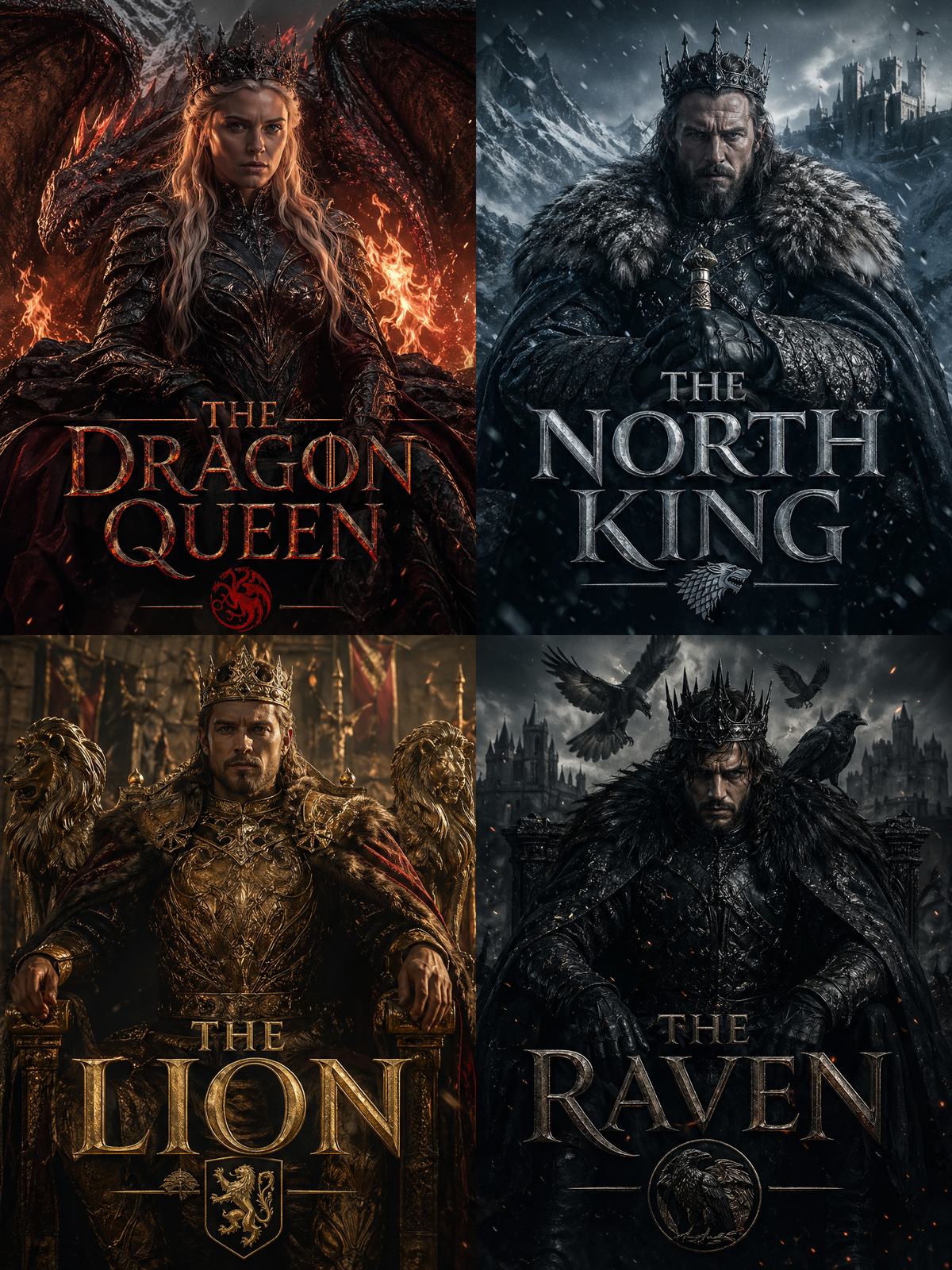 Cinematic fantasy character poster grid, inspired by Game of Thrones, 4-panel la