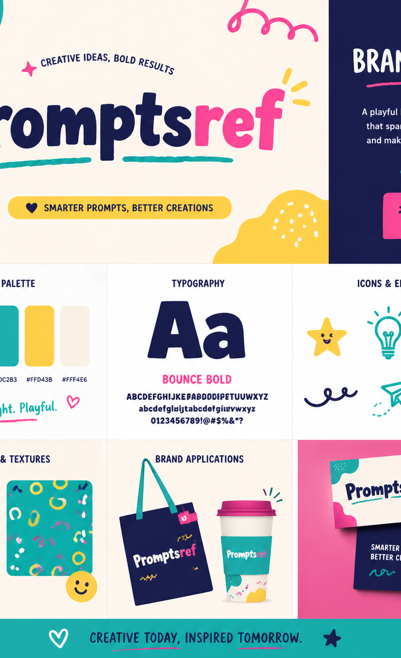 Playful brand kit for [Promptsref], bold colors, fun typography, modern layout