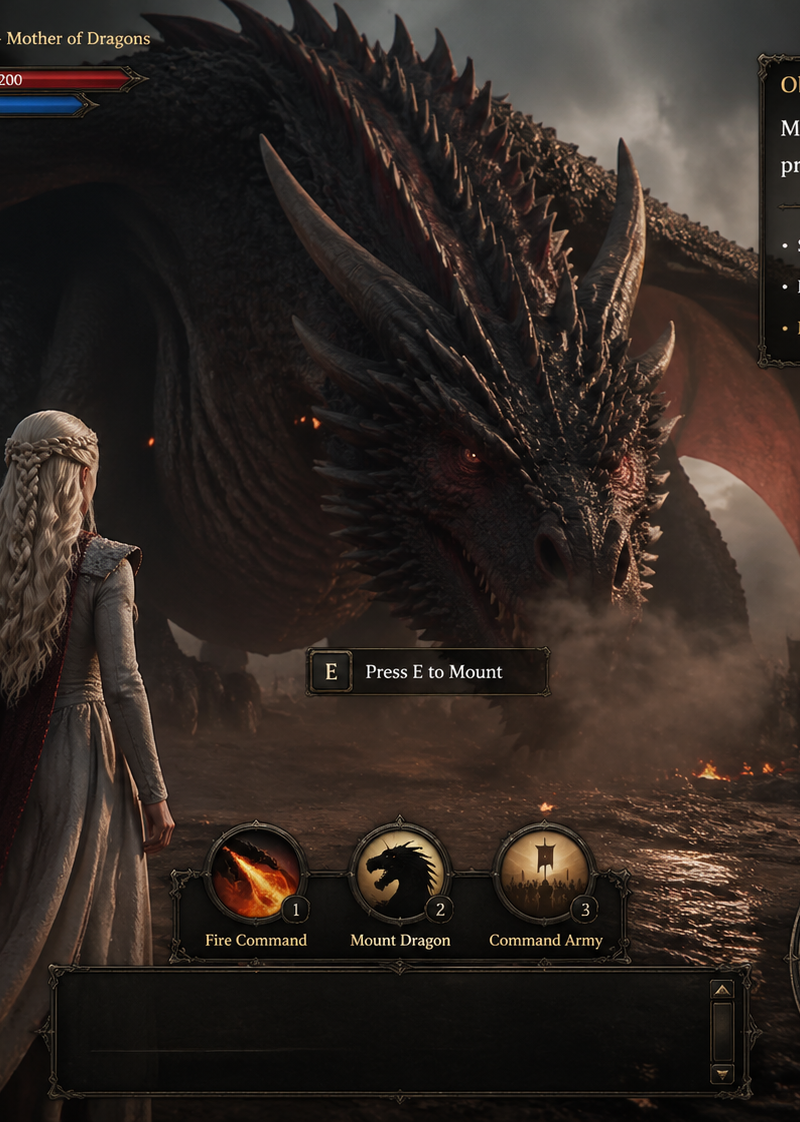 Game UI interface screenshot, third-person fantasy RPG, inspired by Game of Thro
