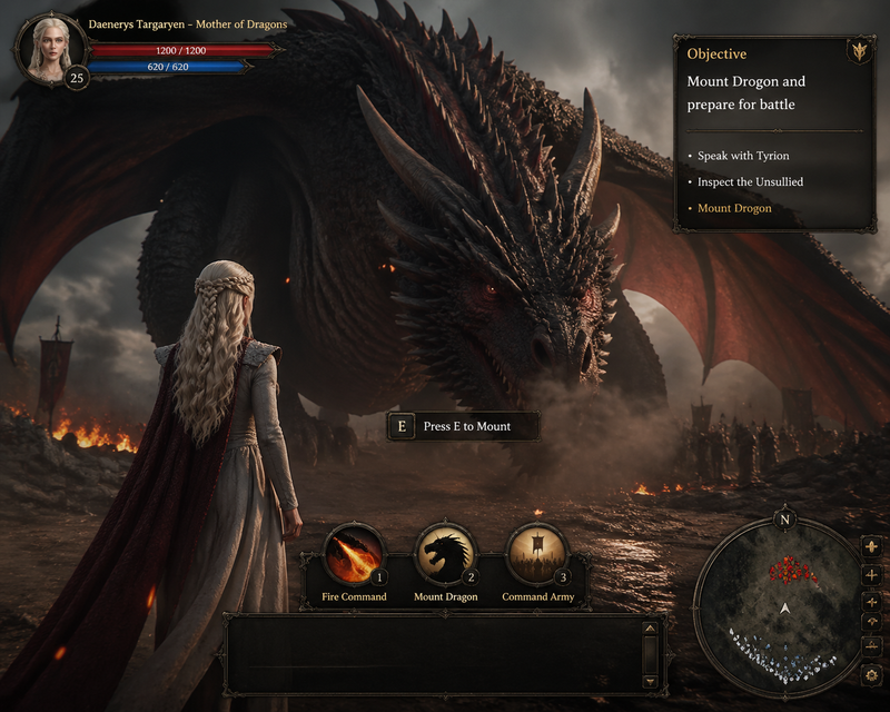 Game UI interface screenshot, third-person fantasy RPG, inspired by Game of Thro