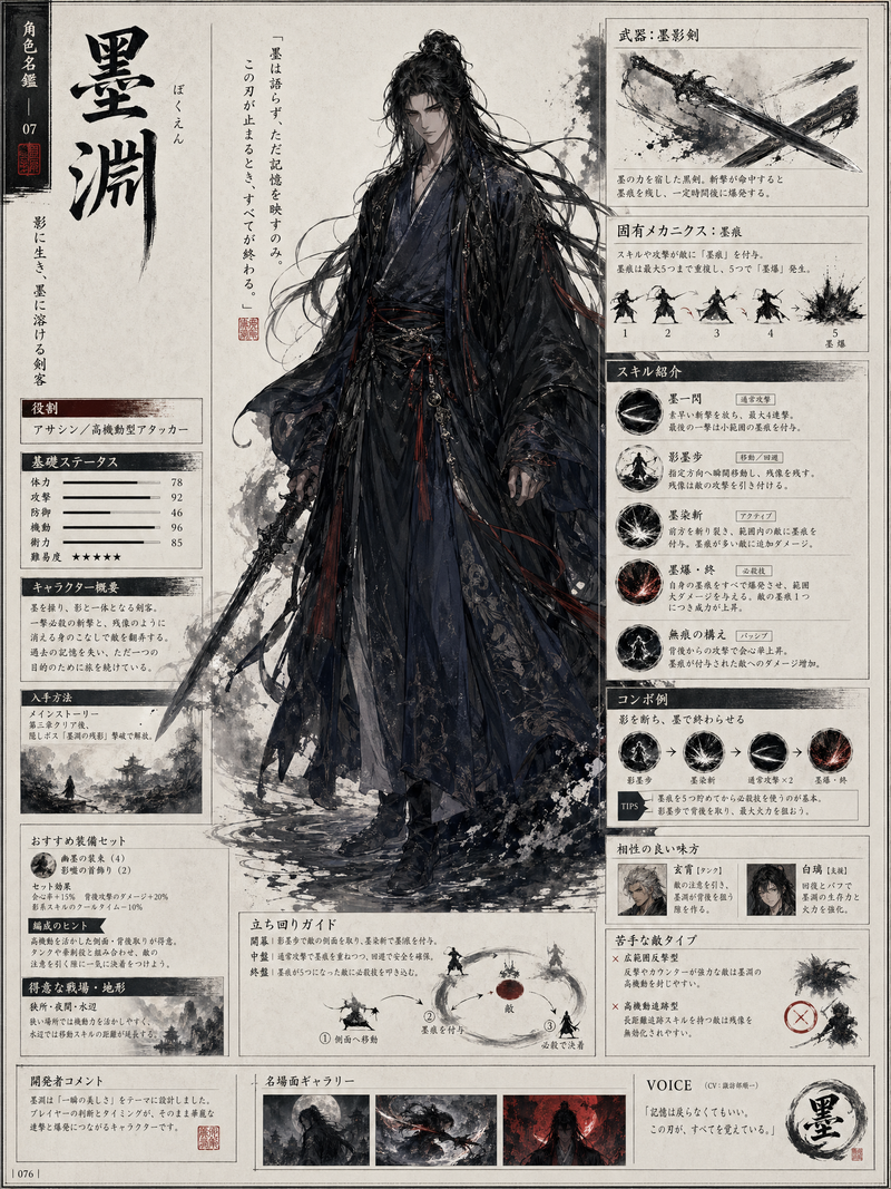 Generate a vertical page of a game strategy guide, with this character's full bo