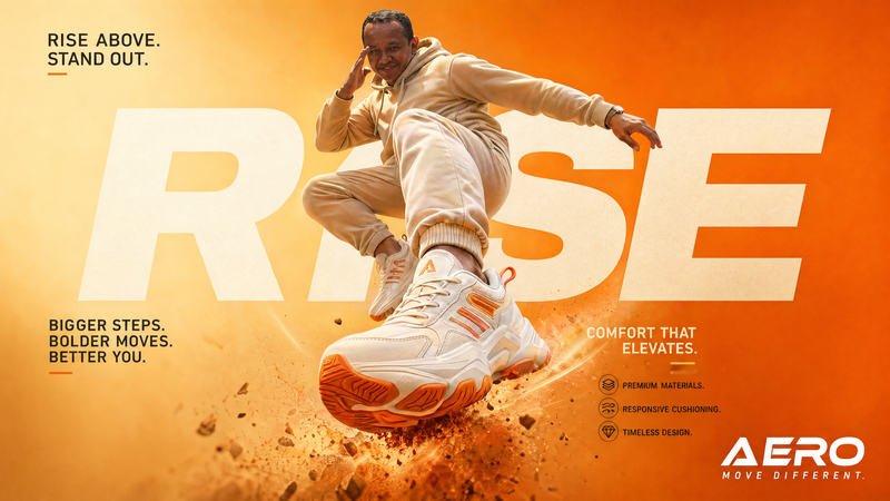 A cinematic, high-end sneaker advertisement poster featuring a young male model