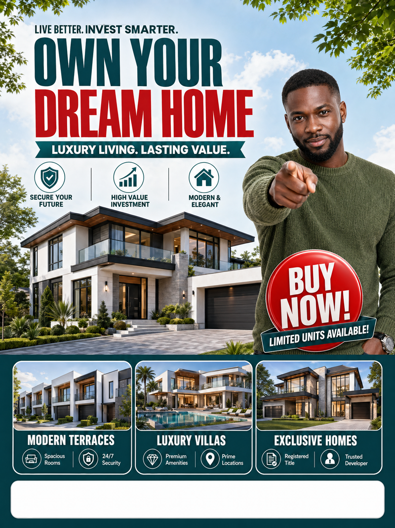 Create a polished vertical real-estate promotional flyer in a clean, modern soci